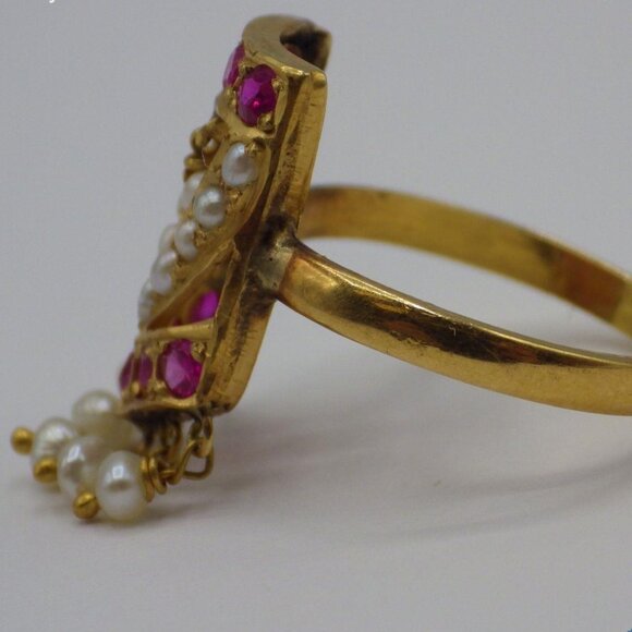 20k Yellow Gold, Spinel and Cultured Pearl Ring, Size 6 - 6.5, 3.36g - Picture 9 of 13
